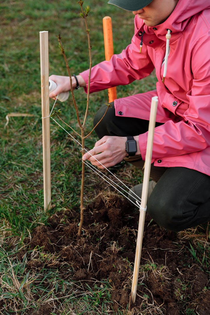 A person ties a small tree to stakes for support, promoting ecological conservation.